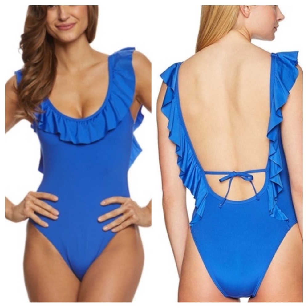 NWT! REACTION KENNETH COLE BLUE READY RUFFLE OPEN BACK ONE PIECE MAILLOT